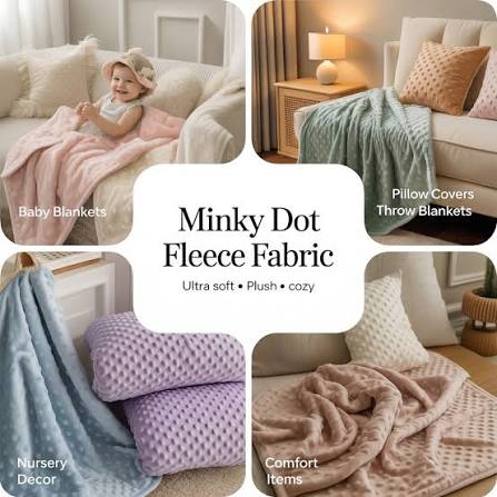 Rolls of plush minky fabric and finished blanket edges in production